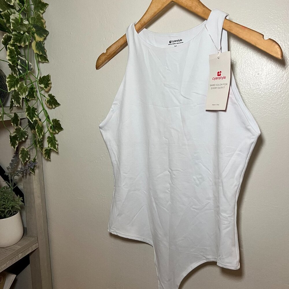 Cyanstyle White Sleeveless Bodysuit Size Medium Stretch High Neck